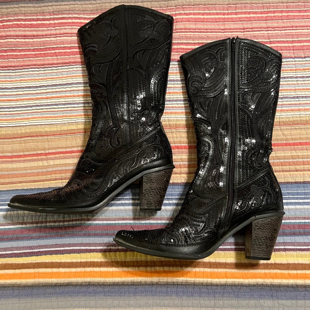 Helen's Heart Womens Black Sequin Cowboy‎ Boots Western Heel Booties Size 9